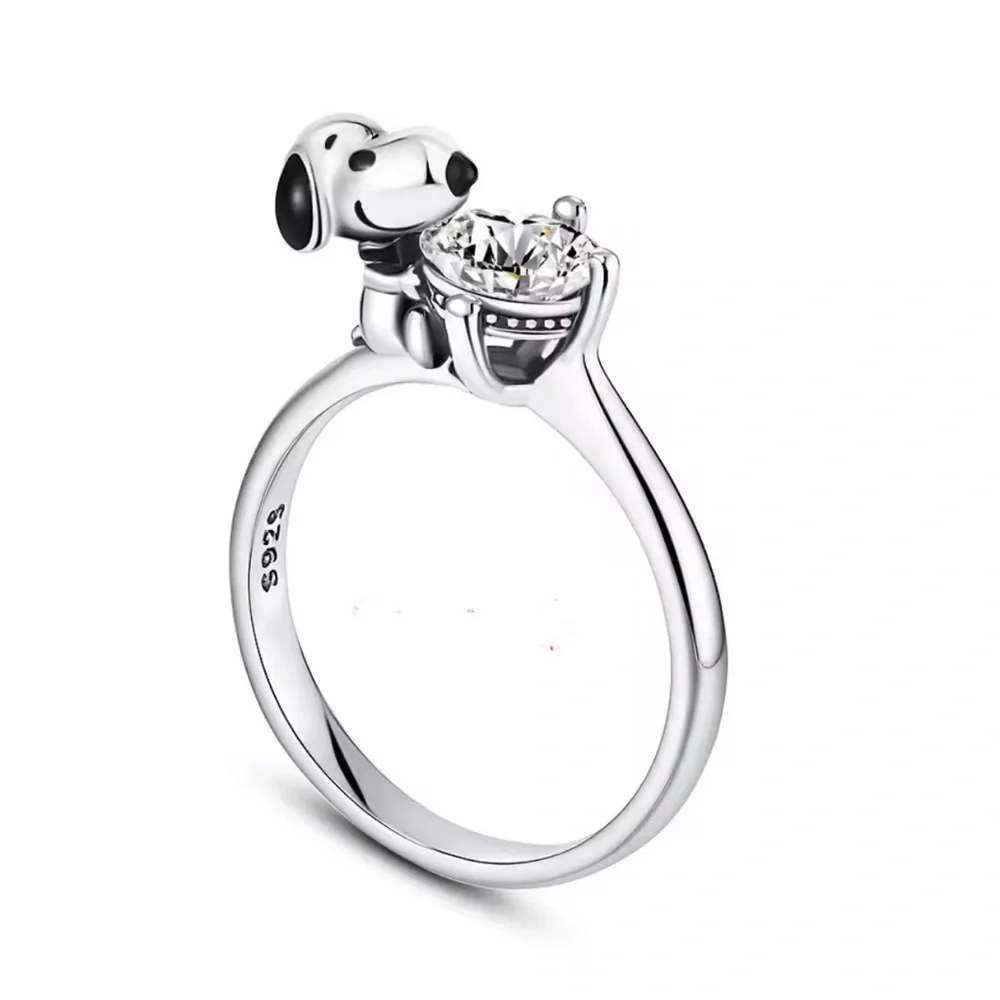 RESTOCKED 925 Sterling Silver Peanuts Snoopy Hugging Diamond Solitaire Ring - Picture 6 of 6